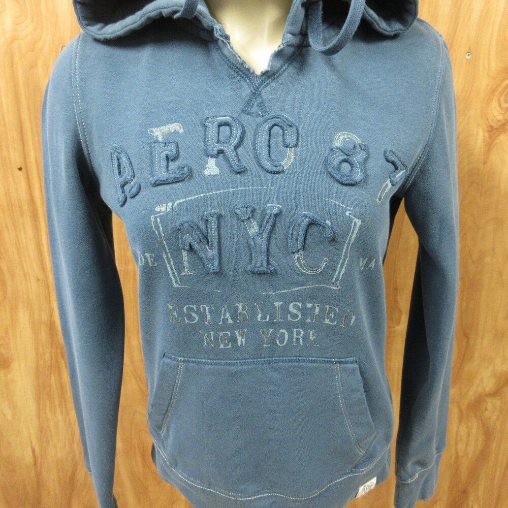 AEROPOSTALE Faded Navy Blue 1987 NYC Hoodie Womens M Spell Out Sweatshirt Jacket